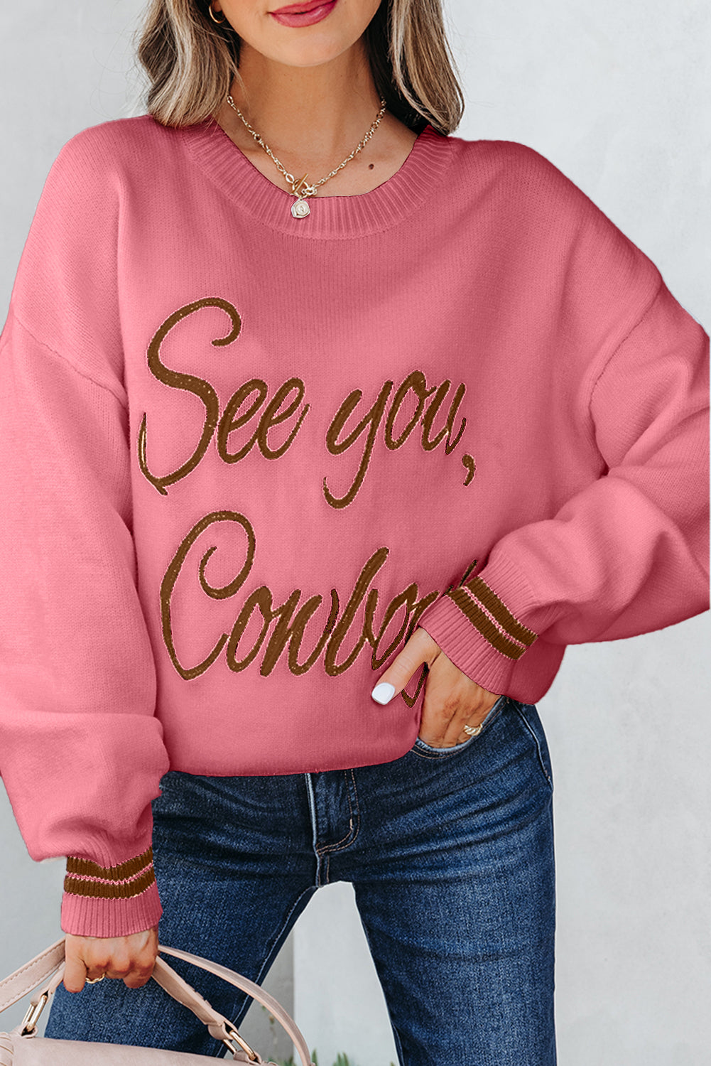 Western See You Cowboy Embroidered Stripe Cuff Sweater-5