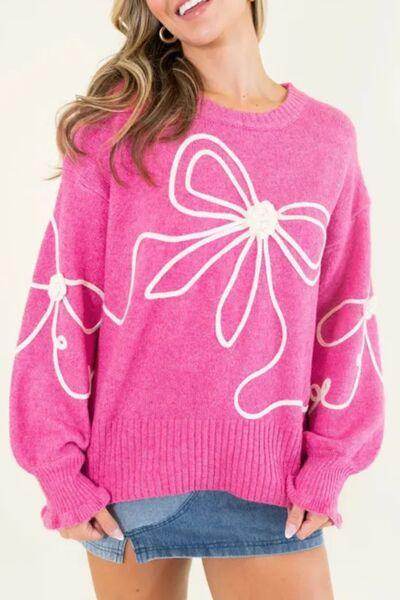 Bow Round Neck Dropped Shoulder Sweater for Women-0