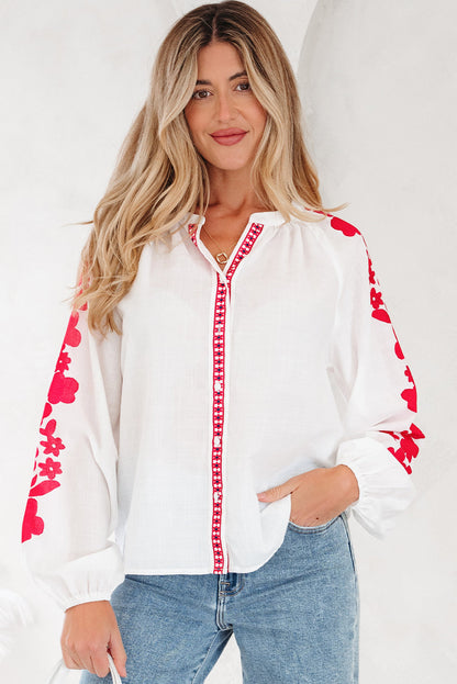 Floral Embroidered Puff Long Sleeve Shirt-0