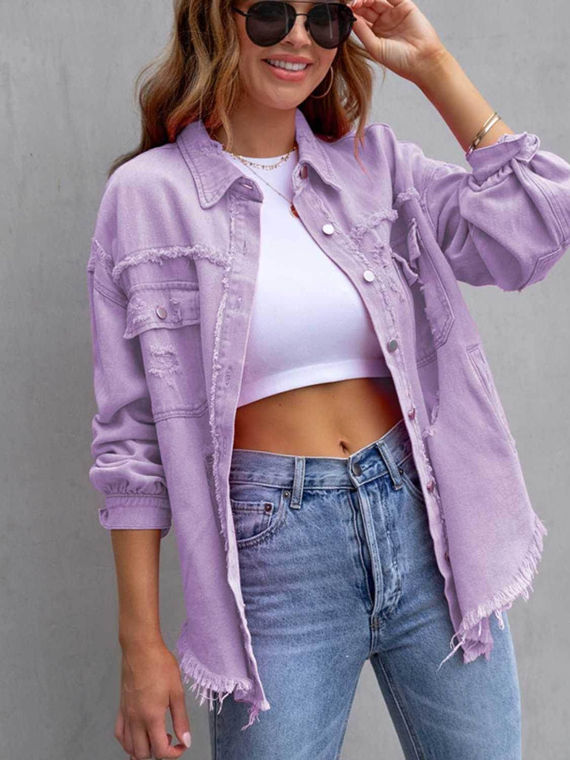 Distressed Drop Shoulder Denim Jacket for Casual Style-10