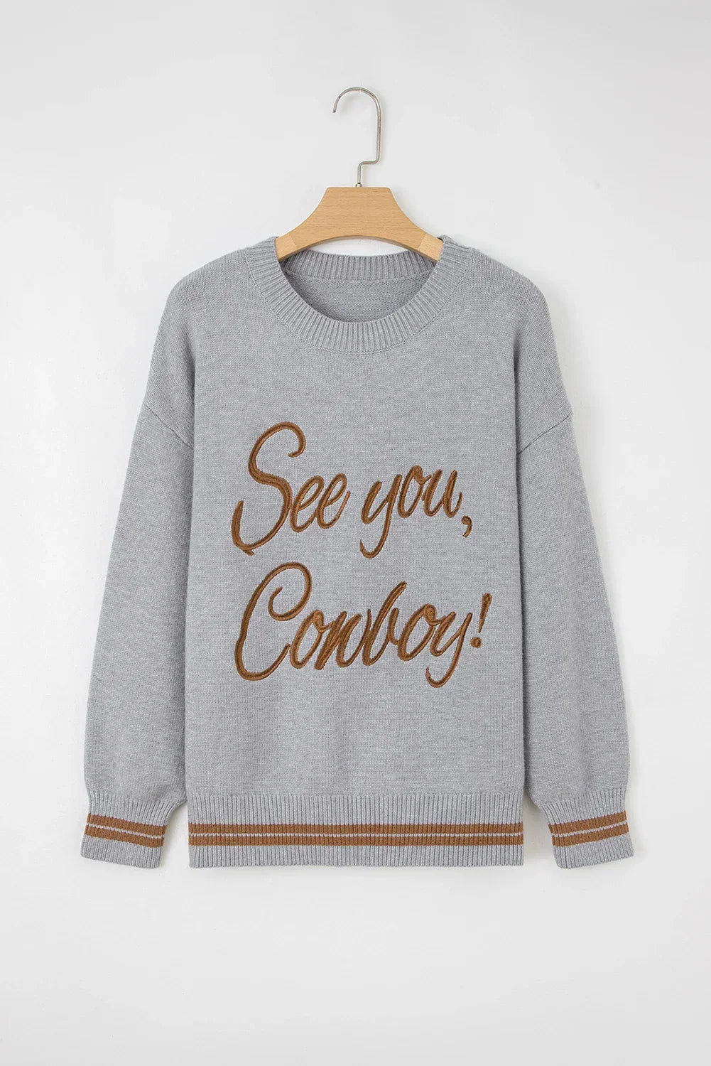 Western See You Cowboy Embroidered Stripe Cuff Sweater-1