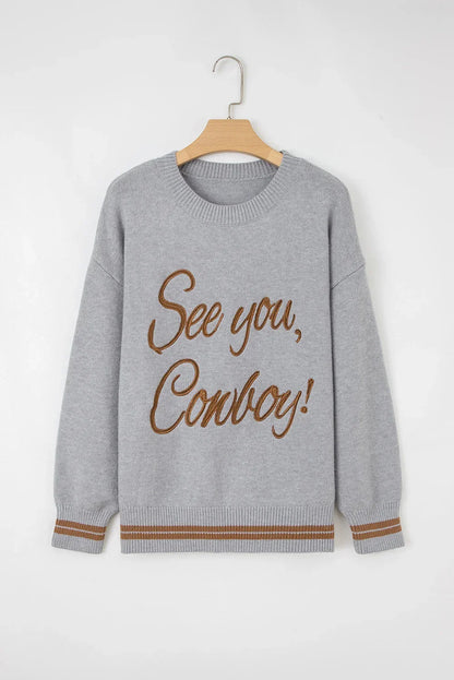 Western See You Cowboy Embroidered Stripe Cuff Sweater-1