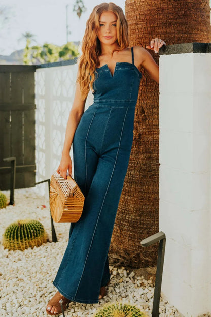 Spaghetti Strap Wide Leg Denim Jumpsuit-1