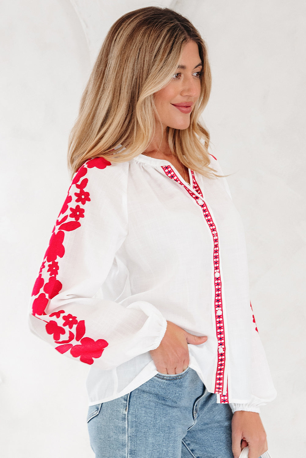 Floral Embroidered Puff Long Sleeve Shirt-2