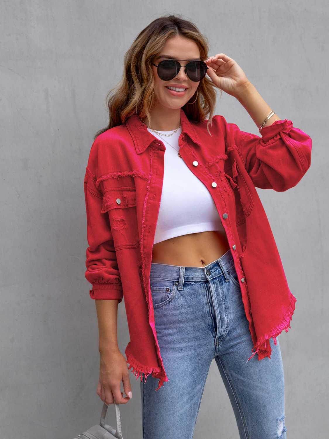 Distressed Drop Shoulder Denim Jacket for Casual Style-7