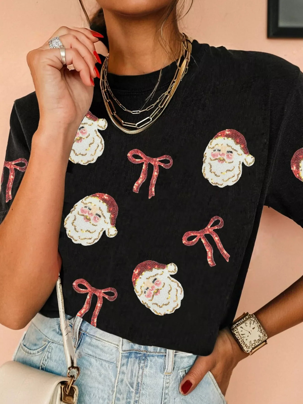 Sequin Christmas Bow Santa Claus Patched T Shirt-3