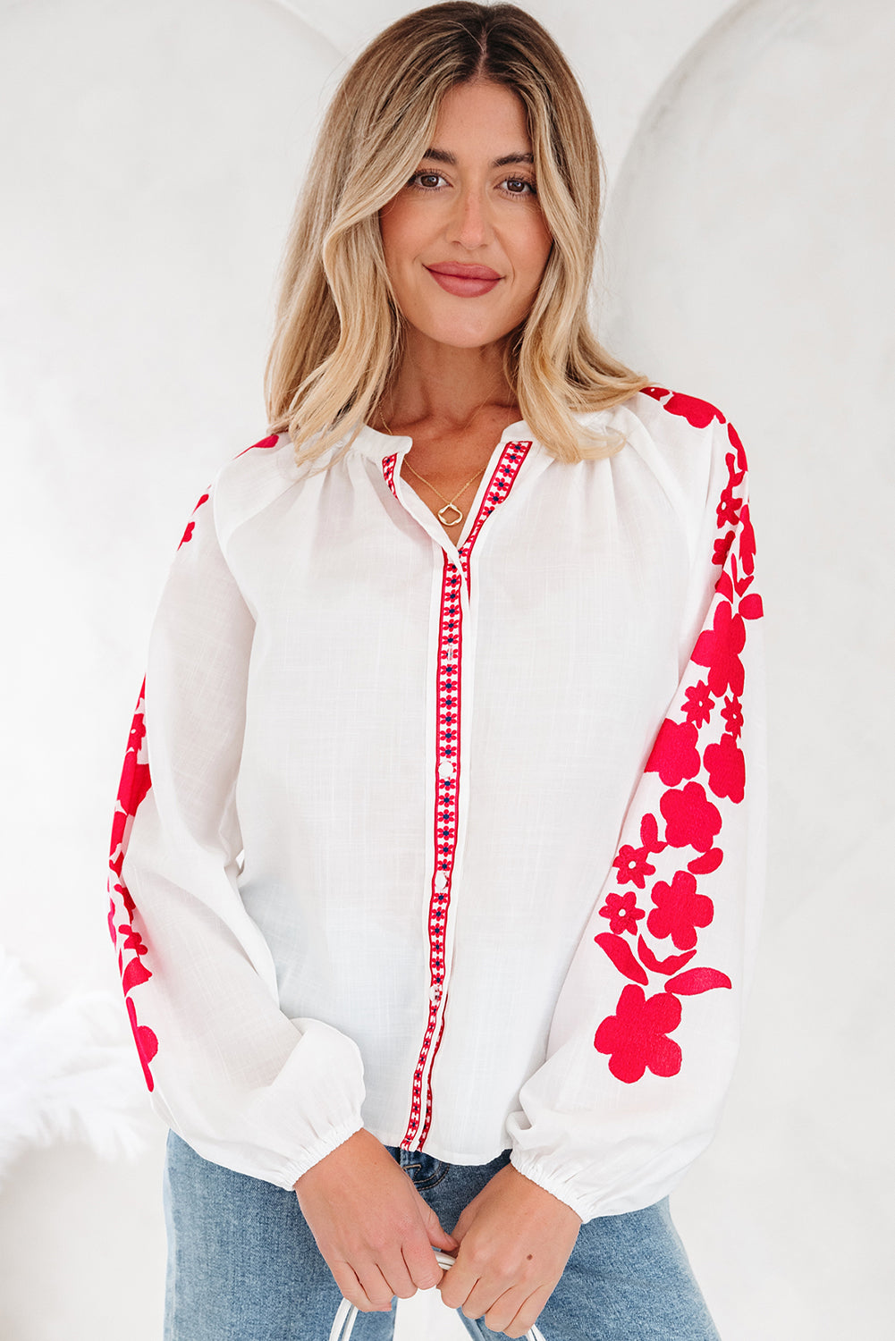 Floral Embroidered Puff Long Sleeve Shirt-3