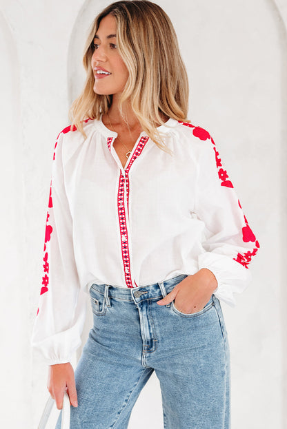 Floral Embroidered Puff Long Sleeve Shirt-4