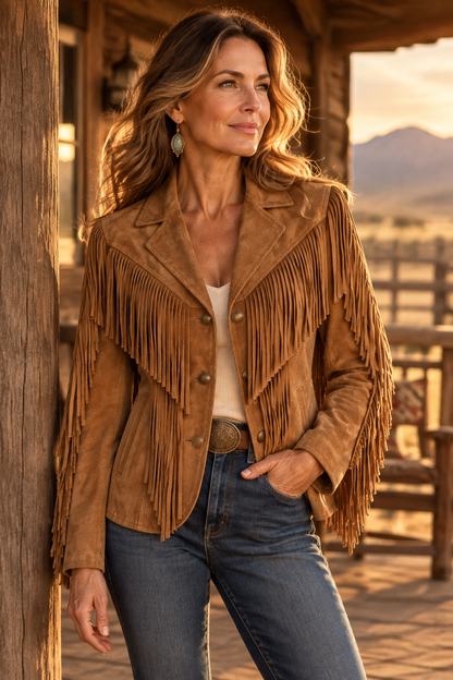 Woman wearing the Cheyenne caramel suede fringe jacket on a ranch porch at golden hour
